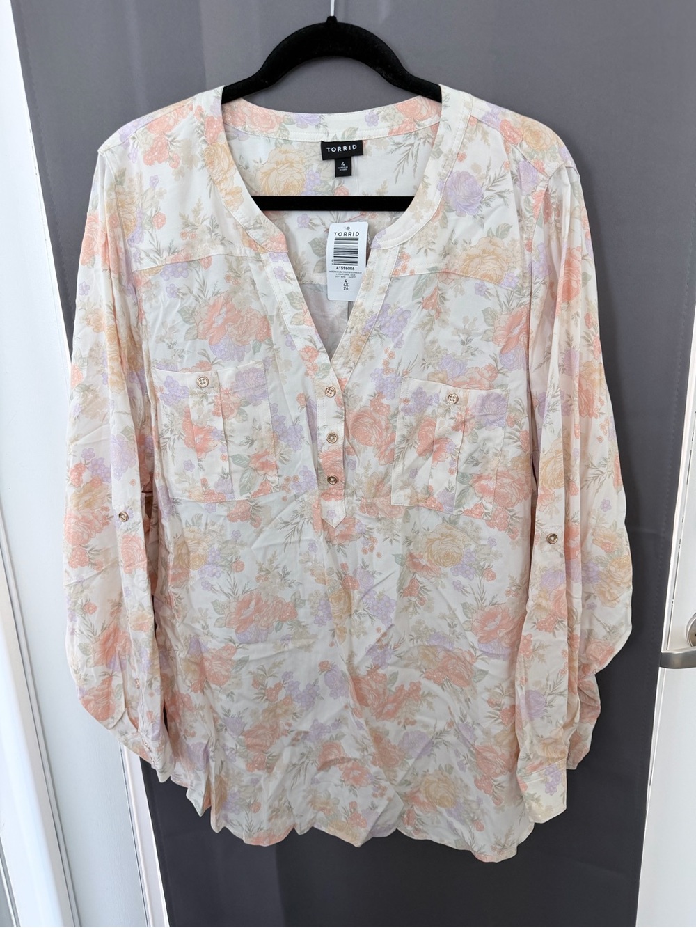 torrid Cream Floral Henley Tunic with Peach & Lavender Accents